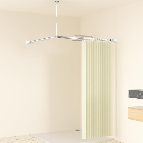 Misounda Duschvorhangstange L Form 95x95 cm Ohne Bohren, Eckduschvorhangstange aus 304 Edelstahl, Duschstange mit Deckenstütze & 12 Ringen für Badezimmer Badewanne, Stabil bis 30kg, Silber