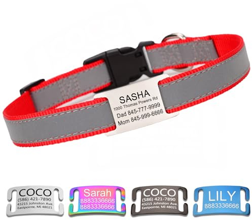 Personalisiertes reflektierendes Hundehalsband mit Namensplatte,Rot | Gravierter Name,geräuschloser Edelstahl‑Anhänger,genähtes Reflektionsband,einstellbares Nylon‑Halsband für alle Hundegrößen