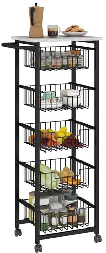 HOMCOM 5-Tier Kitchen Island on Wheels, Rolling Kitchen Storage Trolley with 5 Pull-Out Mesh Baskets, Mobile Utility Serving Cart, Light Grey