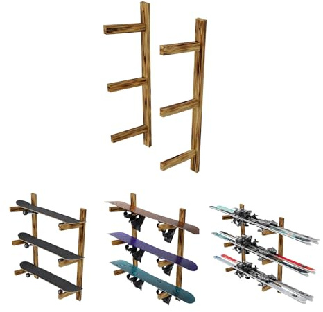 QLS Wandhalterung Kiefernholz 100x5x29,5 cm Halter für 3 Paar Skateboards Snowboards und Ski Wandregal Platzsparender Holzhalter Breite verstellbar Stabile Aufbewahrung