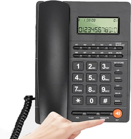 LICAEVEY Téléphone Fixe Filaire, Téléphone d'urgence sans Alimentation Requise avec Identification de L'appelant, Mural de Bureau Filaire à Base Métallique pour Les Personnes (Black)