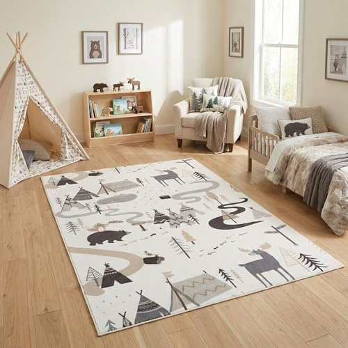 Carpetsale24 Kinderteppich Wald Tiere Spielteppich für Kinderzimmer in Creme mit Bär und Hirsch Motiv Größe 160x230 cm perfekt für große Kinderzimmer