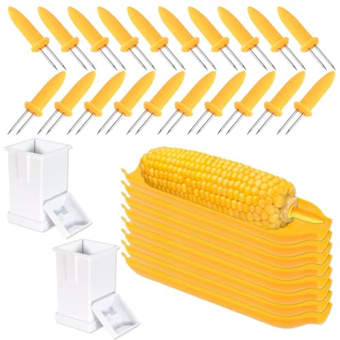 Set de Plateaux de Maïs – Kit 30 Pièces avec 8 Plateaux pour Épis de Maïs, 20 Supports en Acier Inoxydable et 2 Beurriers, Accessoires Barbecue et Pique-Nique sans BPA