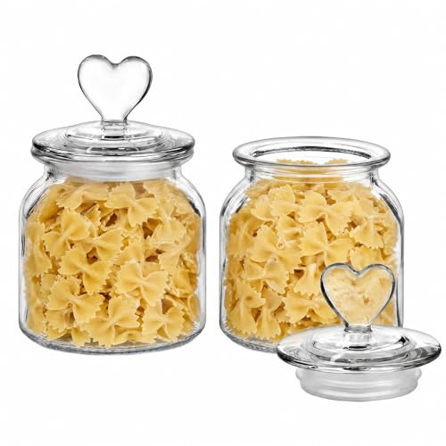 Nivofu Lot de 2 Bocaux en Verre avec Couvercle Hermétique en Forme de Cœur, 650 ml Bocal Rangement Cuisine Transparent à Rayures pour Bonbons, Chocolats, Biscuits, Épices et Céréales