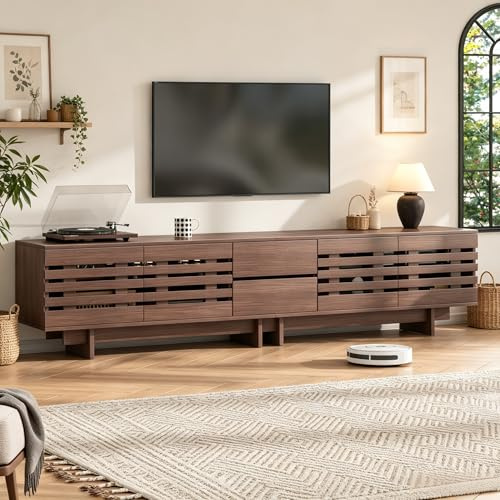 NADEUSAK Mueble de TV moderno, color nogal, 200 x 39,5 x 55 cm, armario bajo para televisores de hasta 80 pulgadas, 4 puertas batientes, 2 cajones, 6 compartimentos, adecuado para salón