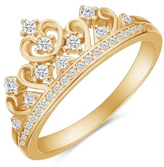 Princess Crown Ring, Round Cut Sparkling White Cubic Zirconia Promise Ring for Women in 14K Yellow Gold Plated 925 Sterling Silver Jewelry Gift for Her Size-5