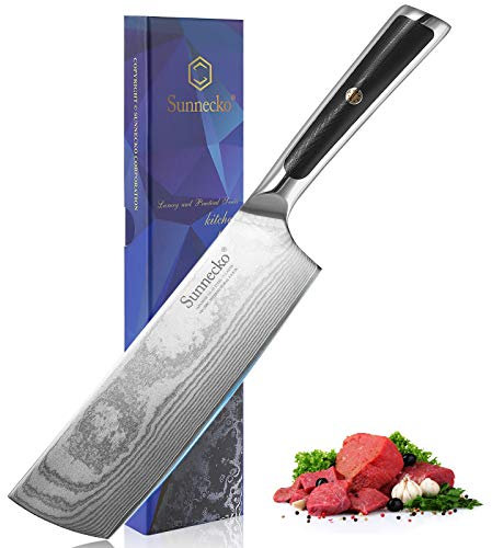 Sunnecko 18cm Nakiri Messer Küchenmesser Damastmesser - Damast Kochmesser Chinesisches Kochmesser Damast Küchenmesser Japanisches Messer Damaststahl Scharf Klinge & G10 Griff