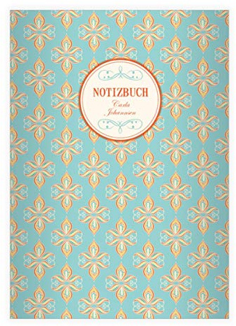 4 personalisierte Edle Vintage DIN A4 Schulhefte, Schreibhefte mit dekorativem, floralem Paisley, hellblau Lineatur 20 (blanko Heft 16 Blatt/32 Seiten) Notizheft, Kladde für Schule, Arbeit