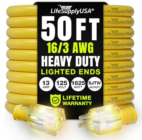 50ft Outdoor/Indoor Extension Cord 16/3 Gauge Heavy Duty 3 Prong SJTW, Waterproof, Flexible Cold-Resistant Long Power Cord,13A 125V 1625W, Yellow by LifeSupplyUSA