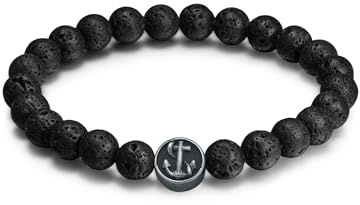 True Rebels Herren-Armband Lava-Stein schwarz mit Anhänger Anker flexibel verstellbar - Armband mit Anker-Symbol und natürliche Steine