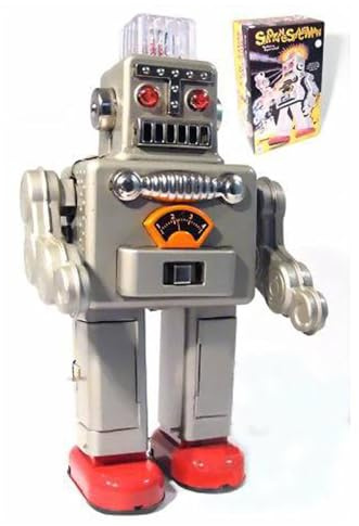 Charmgle Electric Walking Robot Toys Premium Tin Toy Smoke Spraying Robots Novelty Christmas Party Favor Home Decoration Adult Collection Silver