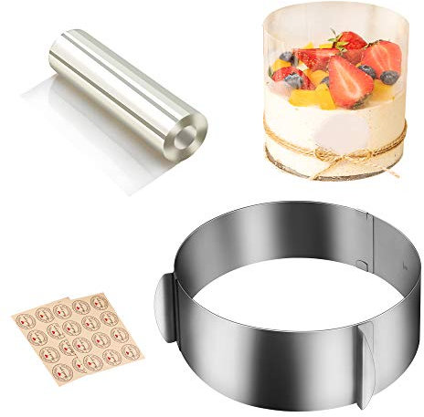 Cyimi Tortenring Verstellbar, Edelstahl Backring verstellbar 16-30 cm, Tortenring mit Transparent Tortenfolie 14cm hoch, für Backen Kuchen Torten,Pizza,alle runde Desserts