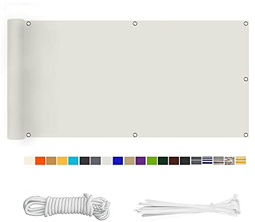HERILIOS Balkon Sichtschutz, Balkonabdeckung 220 g/m² Innen Balkonverkleidung UV-Schutz (210Größen&21Farben) Ohne Bohren mit Ösen Kabelbinder und Kordel für Balkongeländer Terrasse,90X700CM Weiß