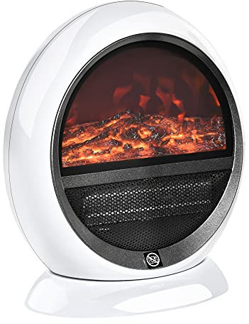 HOMCOM Freestanding Electric Fireplace Indoor Space Table Top Heater with Realistic Flame Effect, Rotatable Head, Overheating Protection, 1500W, White