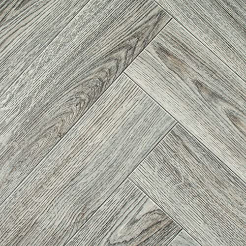 Wood Plank Effect Vinyl Flooring 4.3mm Thick Comfy Felt Backed Lino for Bathroom Kitchen Hall (Grey Herringbone Parquet, 6m x 2m)