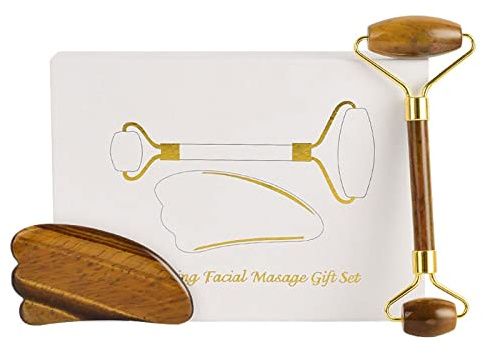 Rouleau de jade œil de tigre et Gua Sha - Rouleau de massage en dents de scie - Outil de massage pour le visage et les yeux - Type 07