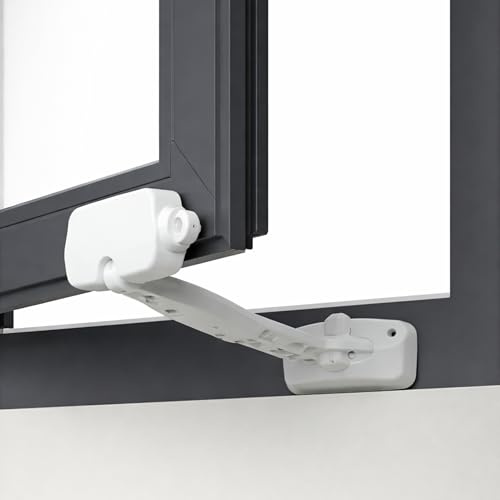 Fenster Kindersicherung, 1 Set, in Weiß, Spezialkleber, für Fensterrahmen ab 4 cm Breite, für nach außen und innen aufgehende Fensterprofile, Tür Öffnungsbegrenzer Sperre, Babysicherung Fenstergriff