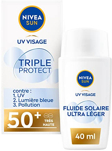 NIVEA SUN Soin Solaire Triple Protect 50+ (1 x 40 ML), Fluide Visage Quotidien à la Texture Ultra-légère, Contenant de l’Acide Hyaluronique (L'emballage Peut Varier)