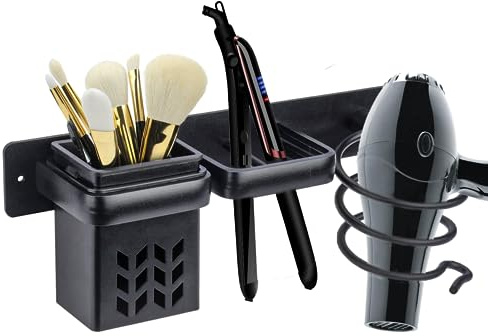 Teaque Hair Dryer Holder Wall Mounted, Metal Hairdryer Holder Wall Mounted, Multi-Functional Bathroom Styling Tool Organizer for Hair Dryer, Curling Wand, Hair Straightener, Black