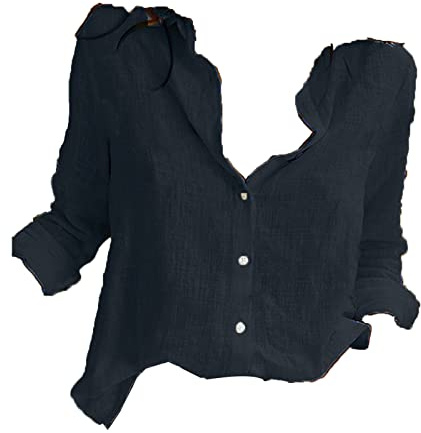 Womens Pure Color Cotton Linen Shirts Roll Up Long Sleeve Buttons Lapel Tunic Blouses Loose Casual Shirt Tops (Black,Medium)