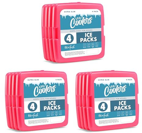 Cool Coolers by Fit + Fresh, Reusable & Long-Lasting Slim Ice Packs, Cold Packs for Cooler, Flat ice Packs for Lunch Bags. Cooler Accessories for Lunchboxes, Camping, Beach, Lunch, & Work, 12PK, Pink