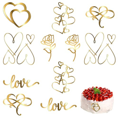 Kuchen Deko Acryl 12Stk Torten Deko Herzform Cake Topper | Hochzeit Tortendeko Gold für Mädchen Hochzeit Jahrestag Geburtstag Partei