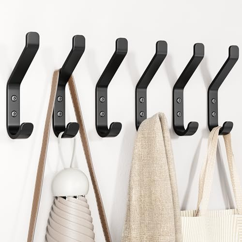 susswiff Black Door Hooks for Hanging Coat - 10KG (Max) Wall Hook Heavy Duty Holder for Cloth, Towel, Backpack, Aluminum Hanger, 6 Pack, Matt Black, Screw Included