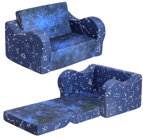 MOMCAYWEX Kids Sofa, 2-in-1 Flip-Out Foam Couch, Foldable Soft Play Lounge Chair, Blue