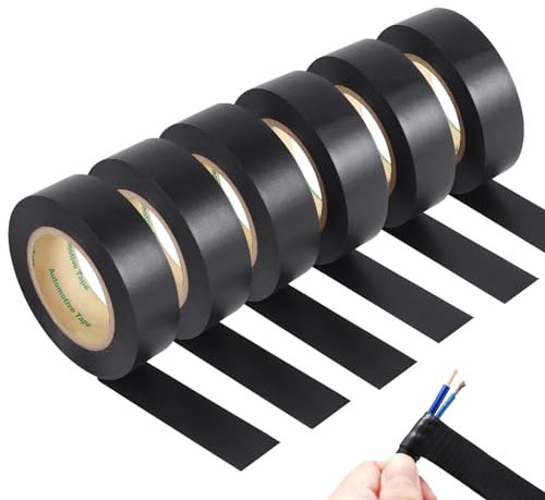6 Rotoli Nastro Isolante per Auto, 25mmx 20m Nastro in Tessuto, Nastro Isolante Elettricista, in PVC, Alte Temperature, Avvolgimento Isolamento, per Cavi Media Tensione, Moto, Automobile e Casa, Nero