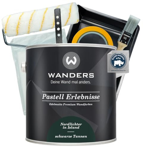 Wanders Pastell Erlebnisse Wandfarbe 2,5L (schwarze Tannen, Dunkelgrün) inkl. Streichset Basic – Premium Kreidefarbe, Leichte Anwendung, Hochdeckend, Ultramatt, Perfekt für Heim-DIY