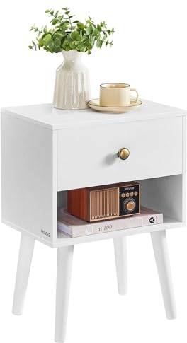 VASAGLE Nachttisch mit Schublade und offener Ablage, Holzbeine | Beistelltisch, Couchtisch für Wohnzimmer, Schlafzimmer, Sofa, Schneeweiss, MIRANTA Kollektion LET655W01