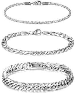 Jovivi 3 Stück Armbänder Herren Edelstahl Panzerarmband Gliederarmband Männer Kubanisches Armband Silber Mode Schmuck