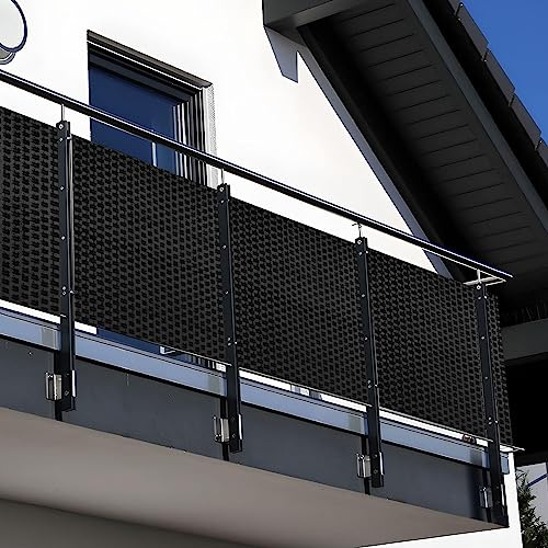 NYVI Polyrattan Balkon Sichtschutz Privafence 90x500 cm Schwarz - Wetterfeste Balkonbespannung - UV-fest, Witterungsbeständig, 100% Blickdicht - Balkonumspannung Balkonumrandung 0.9x5 m