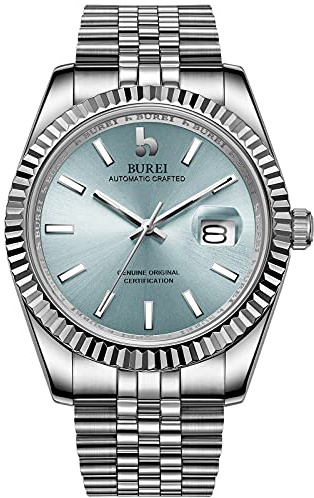 BUREI Klassische Uhren Herren Automatik Saphirglas Roségold Edelstahl Armband 41mm Mechanische Armbanduhren mit Kalender