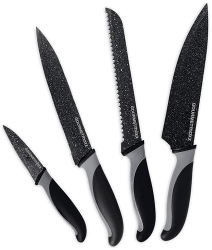 GOURMETmaxx Messer-Set 4 tlg. | Stylische Küchenmesser mit gummierten Griffen | Kochmesser mit Antihaftbeschichtung für eine leichte Reinigung | Inkl. Brot-, Schäl- & Tranchiermesser [Schwarz/grau]