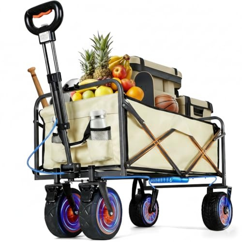 Faltbarer Gartenwagen, elektrisch, zusammenklappbar, 136 kg, mit 21,6 cm großen All-Terrain-Strandrädern und Getränkehaltern, tragbar für Camping, Outdoor, Strand, Angeln, Picknick, Sport, Einkaufen