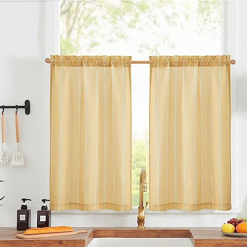 Vangao Streifen Scheibengardinen Gelb Modern Küche Leinenoptik Bistrogardine 2er Set 65Bx90Hcm Landhausstil mit Stangendurchzug Gardinen kurz Lichtdurchlässig Küchenvorhang Wohnwagen Fenstergardinen