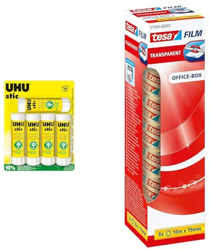 UHU Stic, Der Bewährte Klebestift - Klebt Stark, Schnell und dauerhaft, 5 x 40 g & tesafilm transparent - Transparentes Klebeband mit starker Haftung