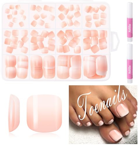 MELLIEX 120 Stück Fußnägel Tips, 12 Größen Rosa Farbverlauf Fussnägel zum Kleben, Künstliche Zehennägel Vollständige Abdeckung Press On Nails Füße für Frauen Mädchen