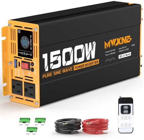 MWXNE 1500W Pure Sine Wave Power Inverter DC 12V to AC 110V 120V Converter with 2 AC Outlets, QC3.0 18W USB-A, PD30W USB-C Port Car Inverter with LCD Display and Remote Control for Truck RV Home