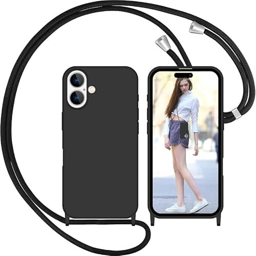 Nupcknn für iPhone 16 Hülle mit Band, Liquid Silicone Handykette Handyhülle (Abnehmbar Einstellbar) Necklace mit Kordel zum Umhängen Handy Kette Kratzfestes Stossfest Schutzhülle(Schwarz 1)