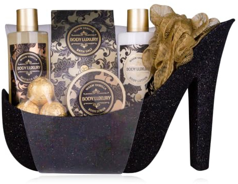 Accentra Luxury Badset presentset i vackra svarta glitterpumpar, 9-delat lyxigt skönhetsset vårdset duschset – för en avslappnad SPA-upplevelse