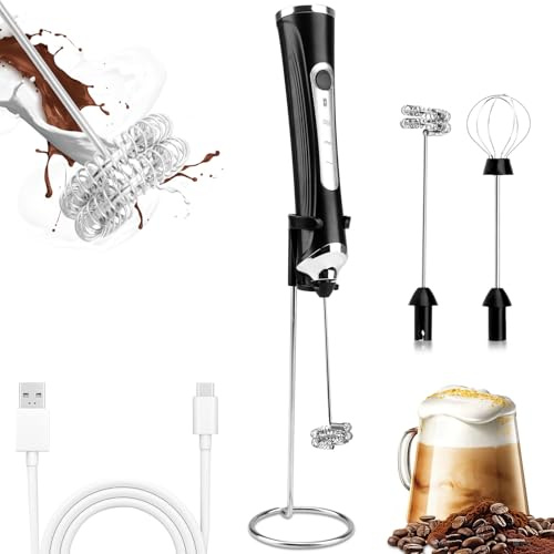 TonJin Mjölkskummare USB C uppladdningsbar ny uppgraderad handhållen skummare med 2 304 rostfria vispar 1 stativ, 3 hastigheter elektrisk kaffevispskummare för lattes, cappuccino, ägg, matcha, svart