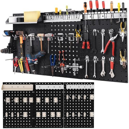 TANGZON Pegboard Wall Organizer Kit, Wall-Mounted Metal Tool Rack Organizer, Multifunctional Perforated Tool Storage Holder for DIY Garage Workshop (with 3 Pegboards & 28 Hanging Accessories, Black)