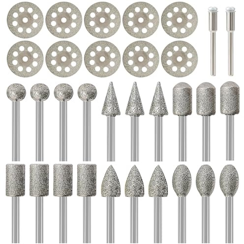 Yuiturt 32Pcs Dremel Bits Diamond Grinding Bit Set, 22mm Diamond Cutting Wheel with 3mm Mandrels,3mm Shank Drill Bits Set for Grinding,Stone Glass Ceramics Carving,Polishing