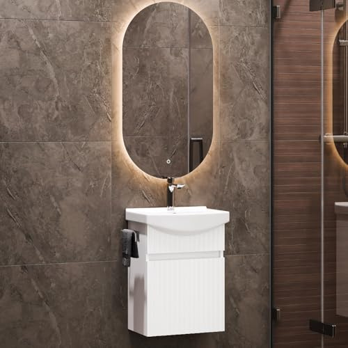 Planetmöbel Waschbecken mit Unterschrank 45 cm | Keramikwaschbecken und Badspiegel mit Beleuchtung oval, Gäste WC Badmöbel Set, weiß matt