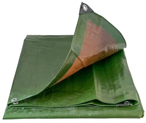 Tough heavy 220 gsm duty waterproof green with brown reverse tarpaulin/tarp cover sheet/extra eyelets at 50cm with reinforced corners,ideal as a camping ground sheet. (4m x 6m)