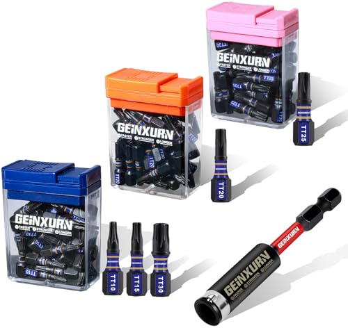 Geinxurn Sicherheit Torx Schlagfeste Schraubendreher Bits Set, 90 Stücke 25mm Magnetisch (TT10/TT15/TT20/TT25/TT30) S2 Stahl Multi Treiber Bits mit Lagerung bunte Box