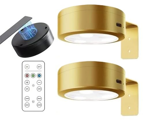 2PCS Picture Lights for Wall, Lumières murales pour cadres d'art, Applique Murale pour Tableaux, Lumières magnétiques LED rechargeables avec télécommande et 3 temps de couleur pour peintures (Or)