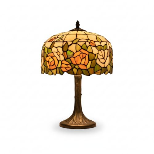 Tiffany Style Table Lamp with Stained Glass Shade, Pink & Orange Rose Design, 49cm Bedside Lamp with Antique Tree Base, Vintage Lighting for Bedroom & Living Room (E27)